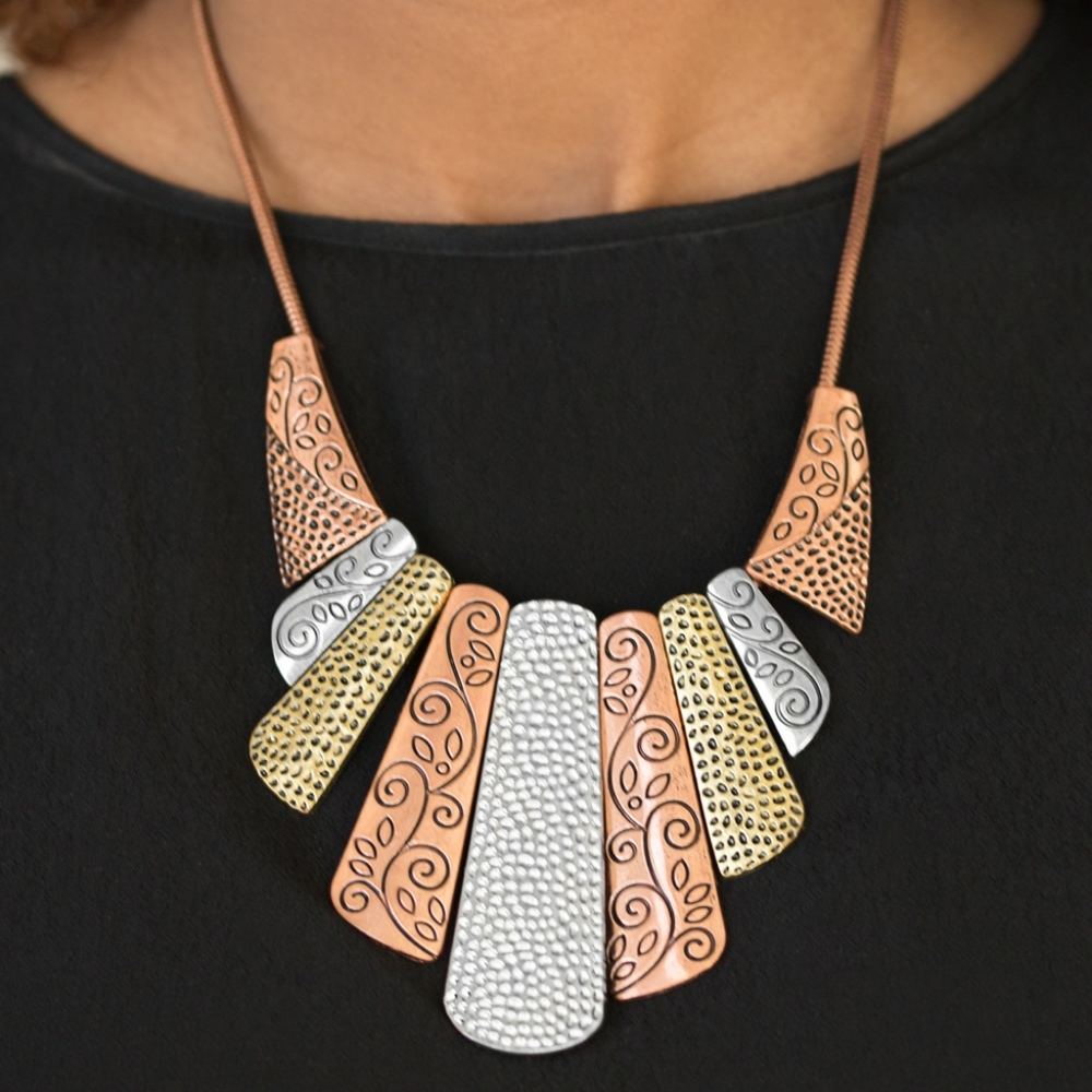 Beautiful tri color metal stamped necklace